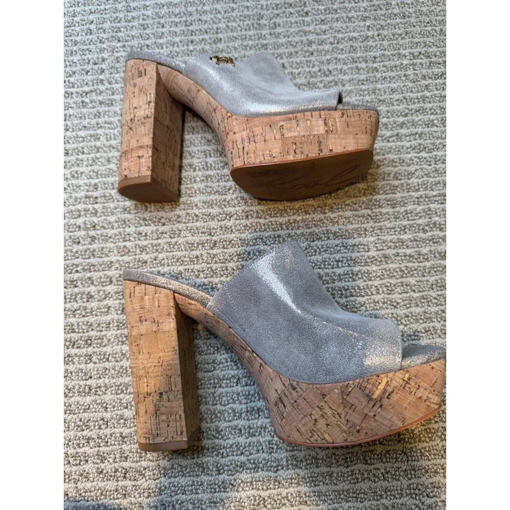 Karl Lagerfeld Paris Metallic Cork Wedge‎ Mules Silver Glitter Platform Sandals